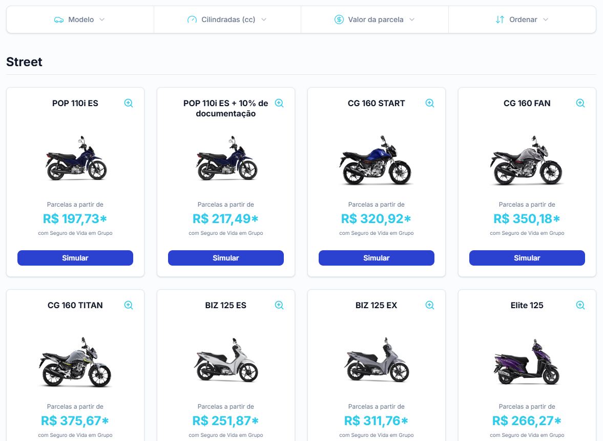Catálogo de consórcio com as motos e a parcela a partir de cada modelo