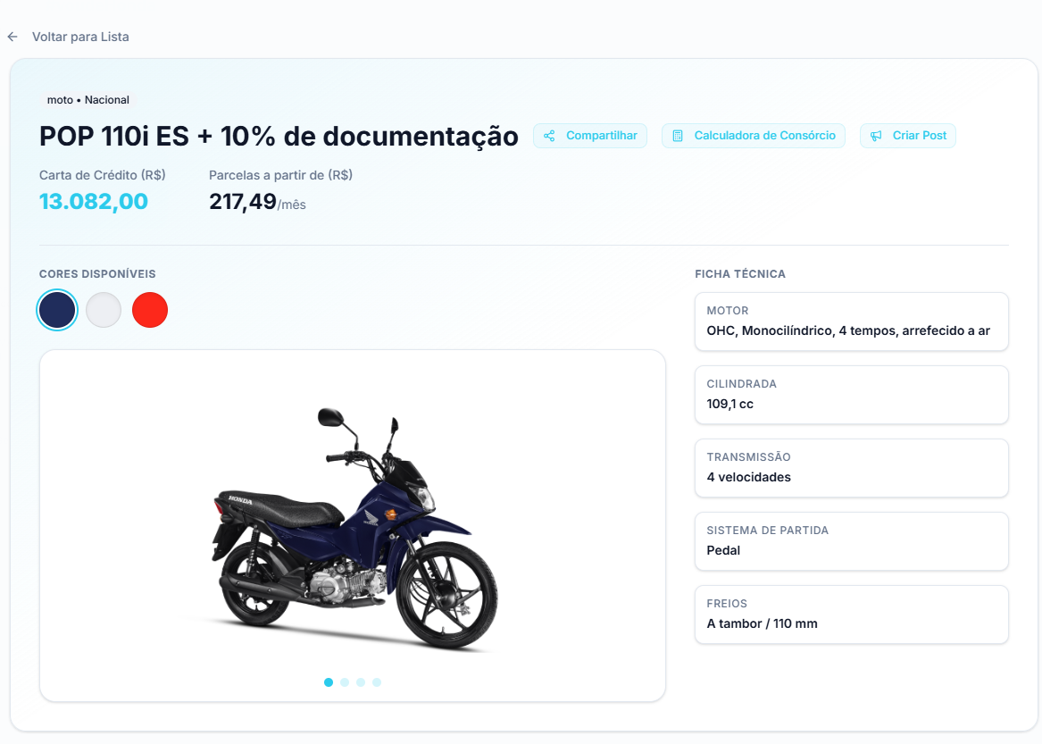 Ficha do modelo POP 110i ES, com a carta de crédito, a parcela, as cores e a ficha técnica