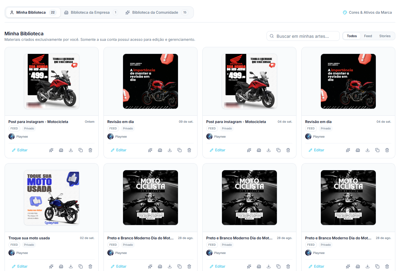Biblioteca de artes do vendedor, com posts de motocicletas prontos para feed e stories
