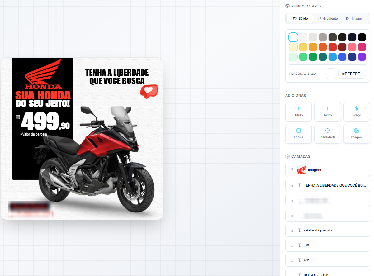 Editor de arte com uma motocicleta Honda, o preço da parcela e o painel para adicionar título, texto, preço, forma, identidade e imagem